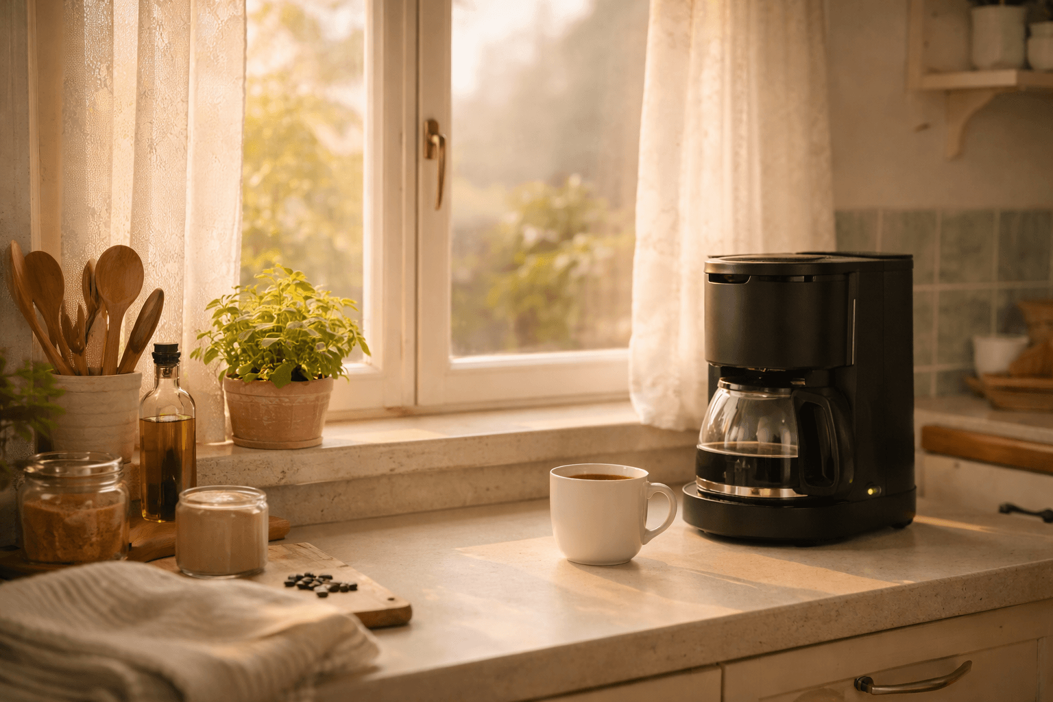 Morgenstimmung in der Küche – Kaffeemaschine am Fenster im Sonnenlicht