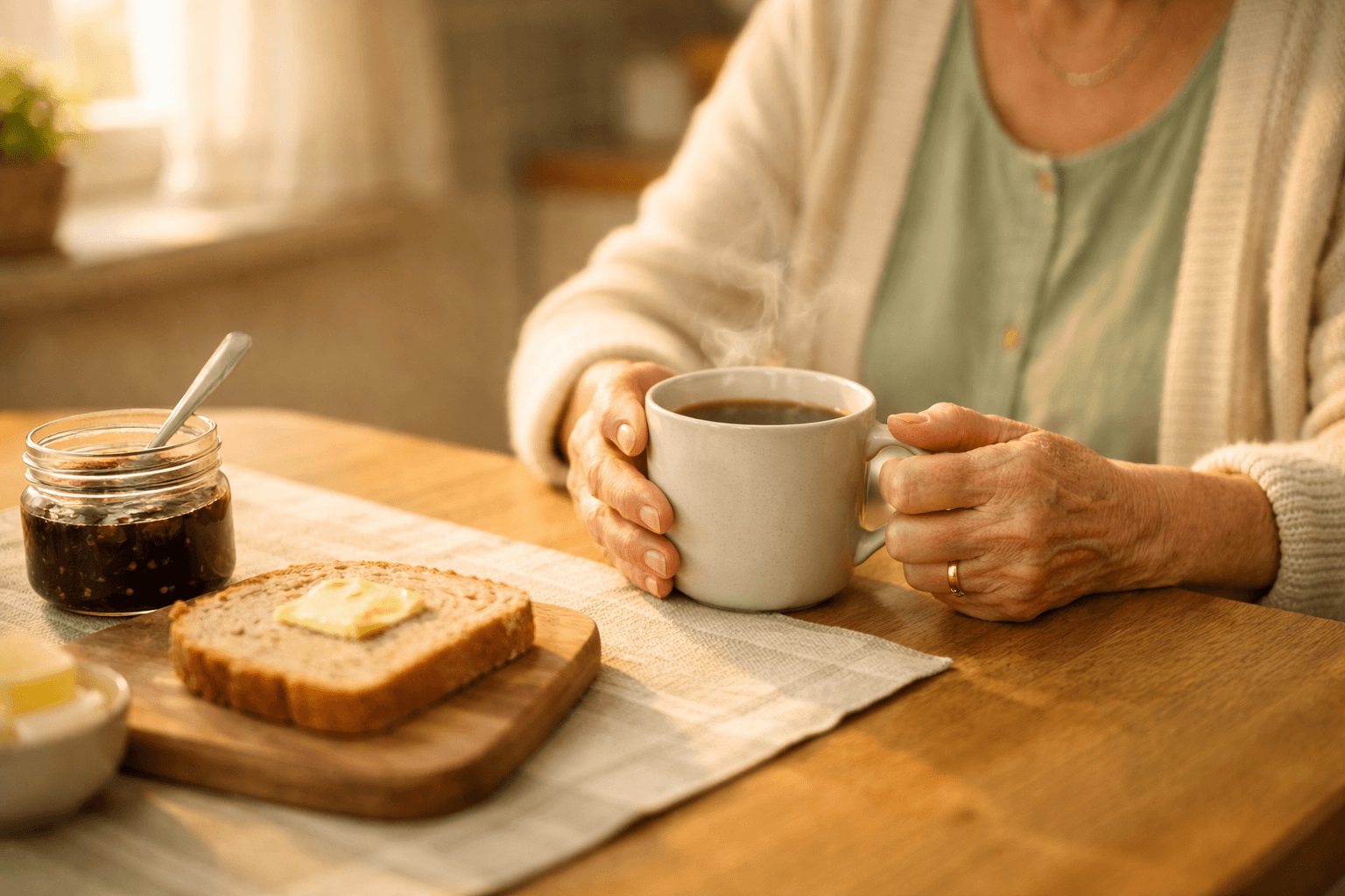 Omas Hände halten eine dampfende Kaffeetasse am Frühstückstisch