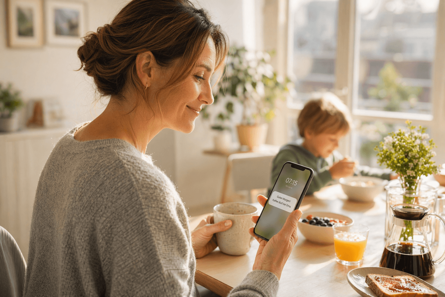 Tochter schaut lächelnd auf eine Benachrichtigung auf ihrem Smartphone