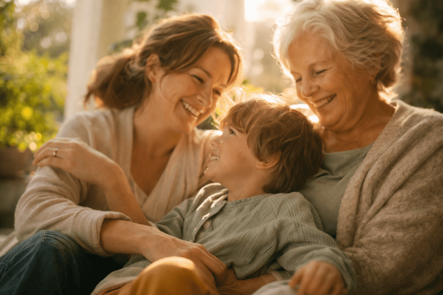 Glückliche Familie – Oma, Tochter und Enkel zusammen in warmem Licht