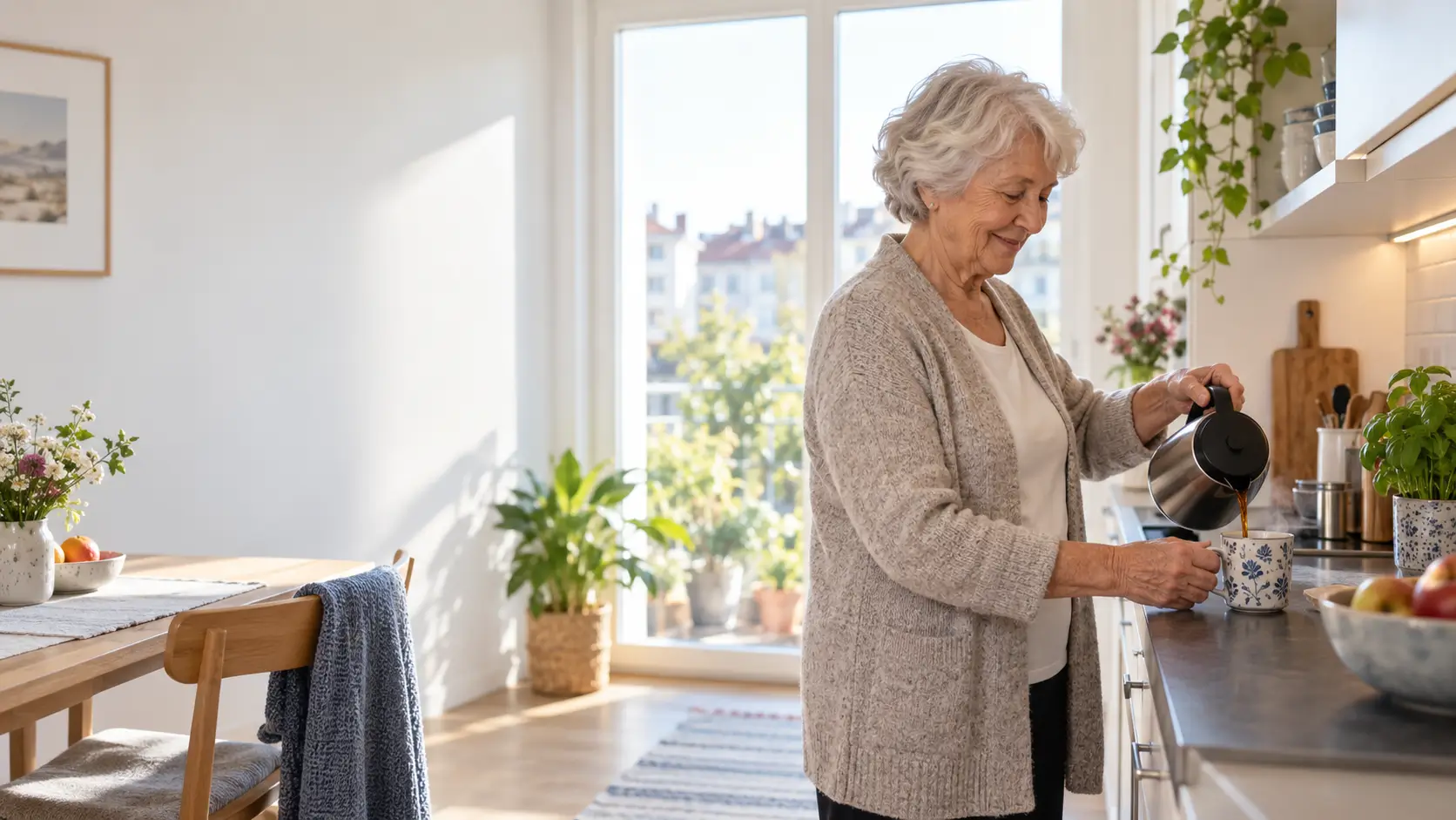 Oma trinkt morgens in ihrer Küche Kaffee