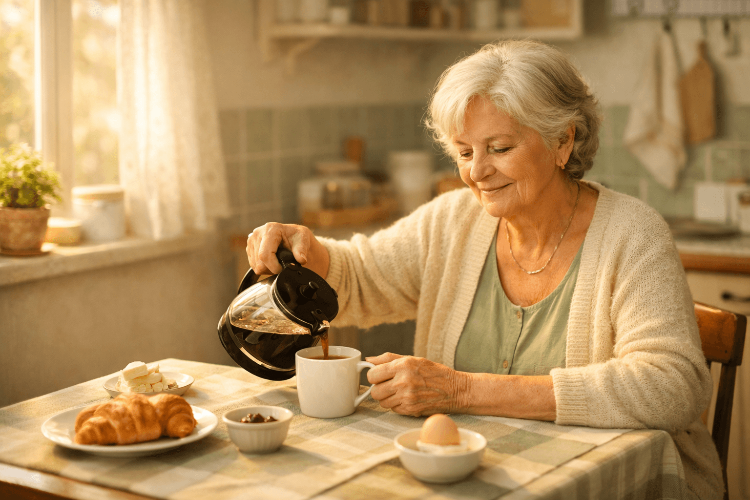 Oma gießt sich morgens in ihrer Küche Kaffee ein