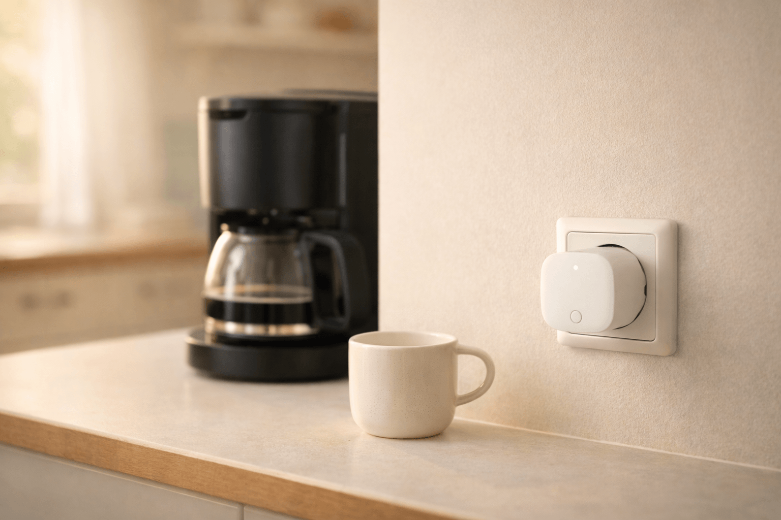 Kleiner smarter Sensor neben einer Kaffeemaschine in der Küche